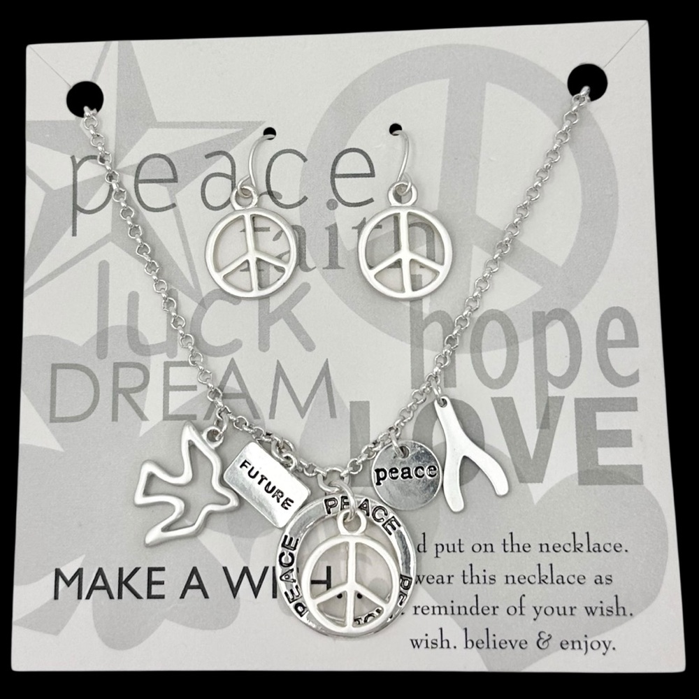 Peace Sign Symbol Silver Tone Charm Necklace Earrings Set